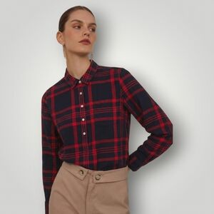 Tommy Hilfiger‎ Womens Popover Plaid Shirt XL Navy Red Tartan Old Money Preppy